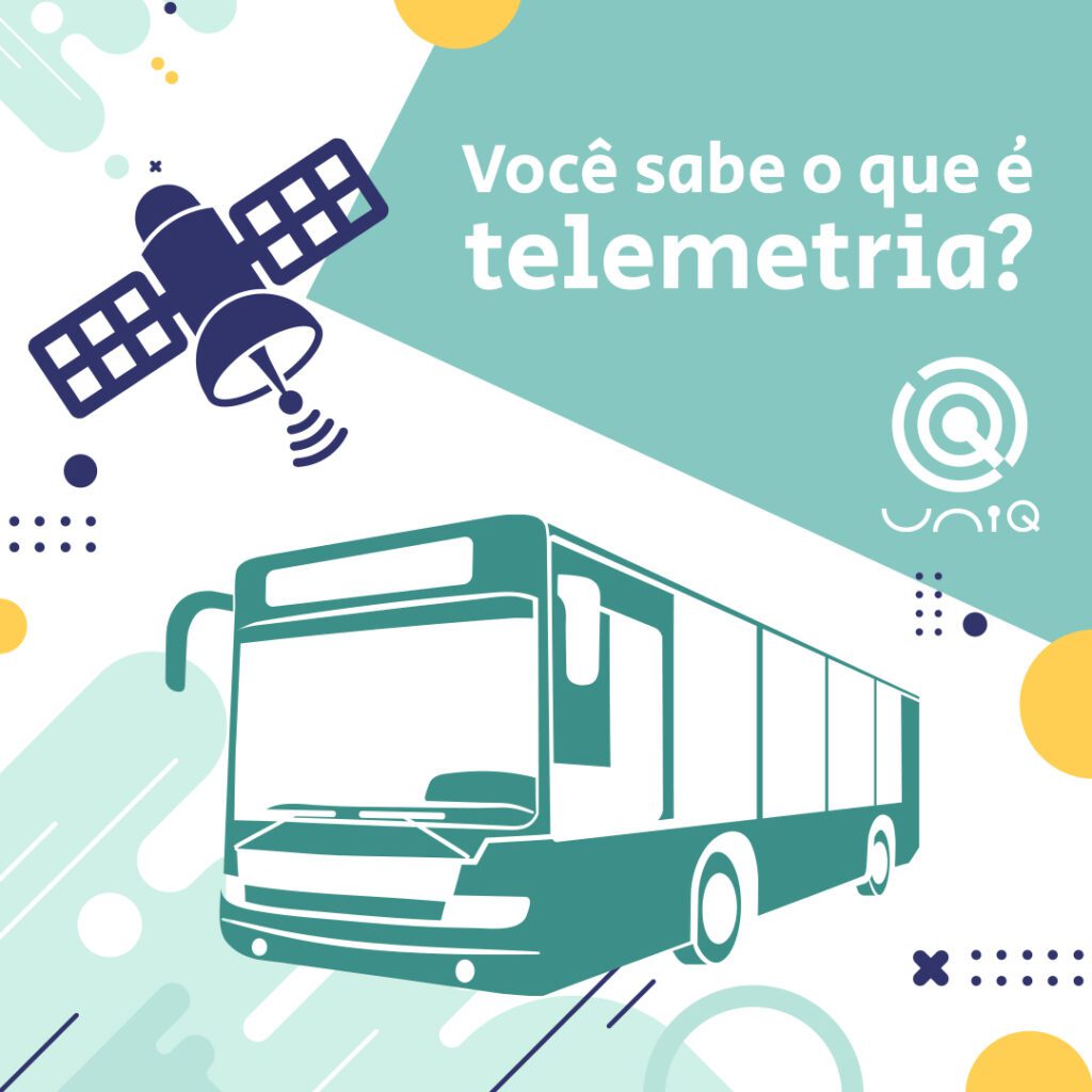 Ilustração sobre telemetria com desenhos de ônibus, uma antena de telefonia e o texto: “você sabe o que é telemetria?”.